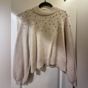 Lush Cream Pearl-Embellished Cowl Sweater